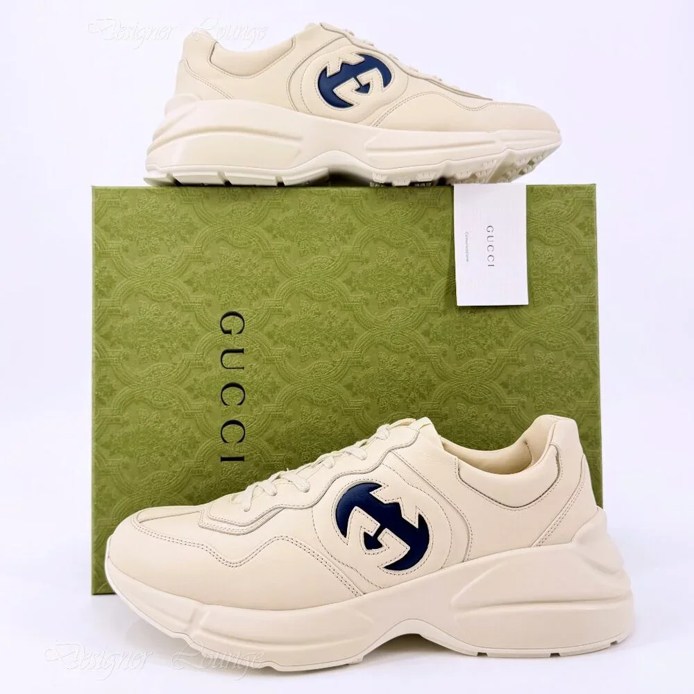NEW GUCCI Rhyton Interlocking G Ivory Leather Sneakers Men’s G 12.5 / US 13 Auth